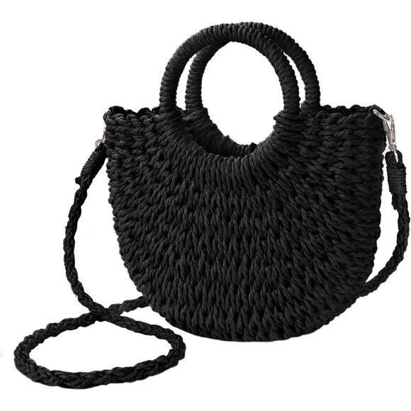 Women's Black Straw Beach Woven Cross Body Shoulder Top Handle Satchel Handbag - Picture 1 of 6